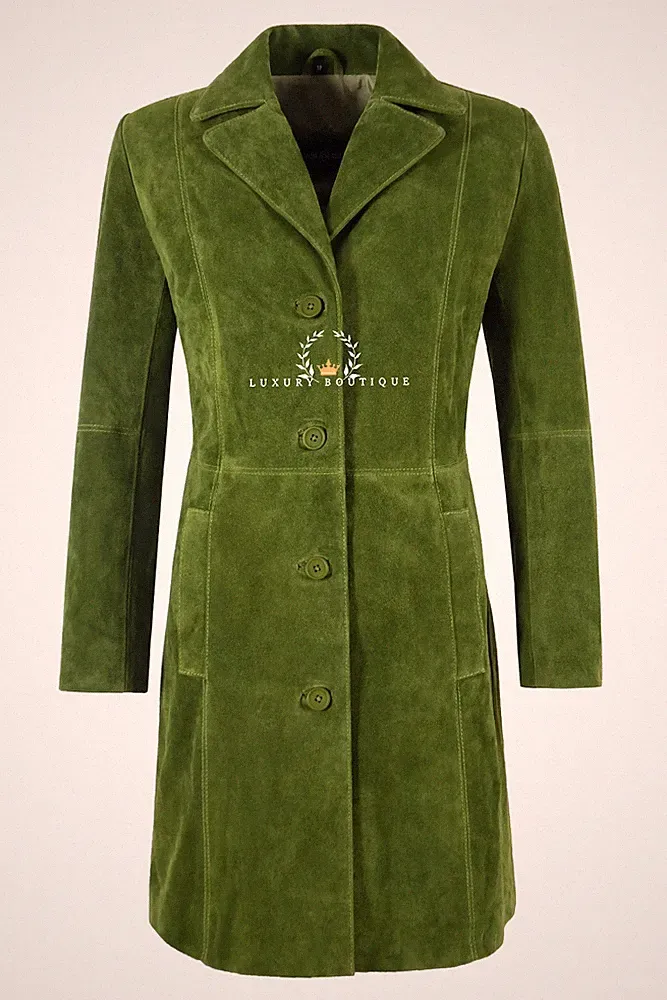 Damen Eleganter Trench Ledermantel Lindgrün Wildleder Knielang Designer Mantel