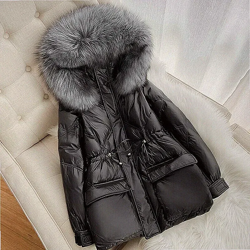 Damen Ente Daunenjacke Kapuzenjacke Warm Outwearlinie Kordelzug Top Kunstpelz