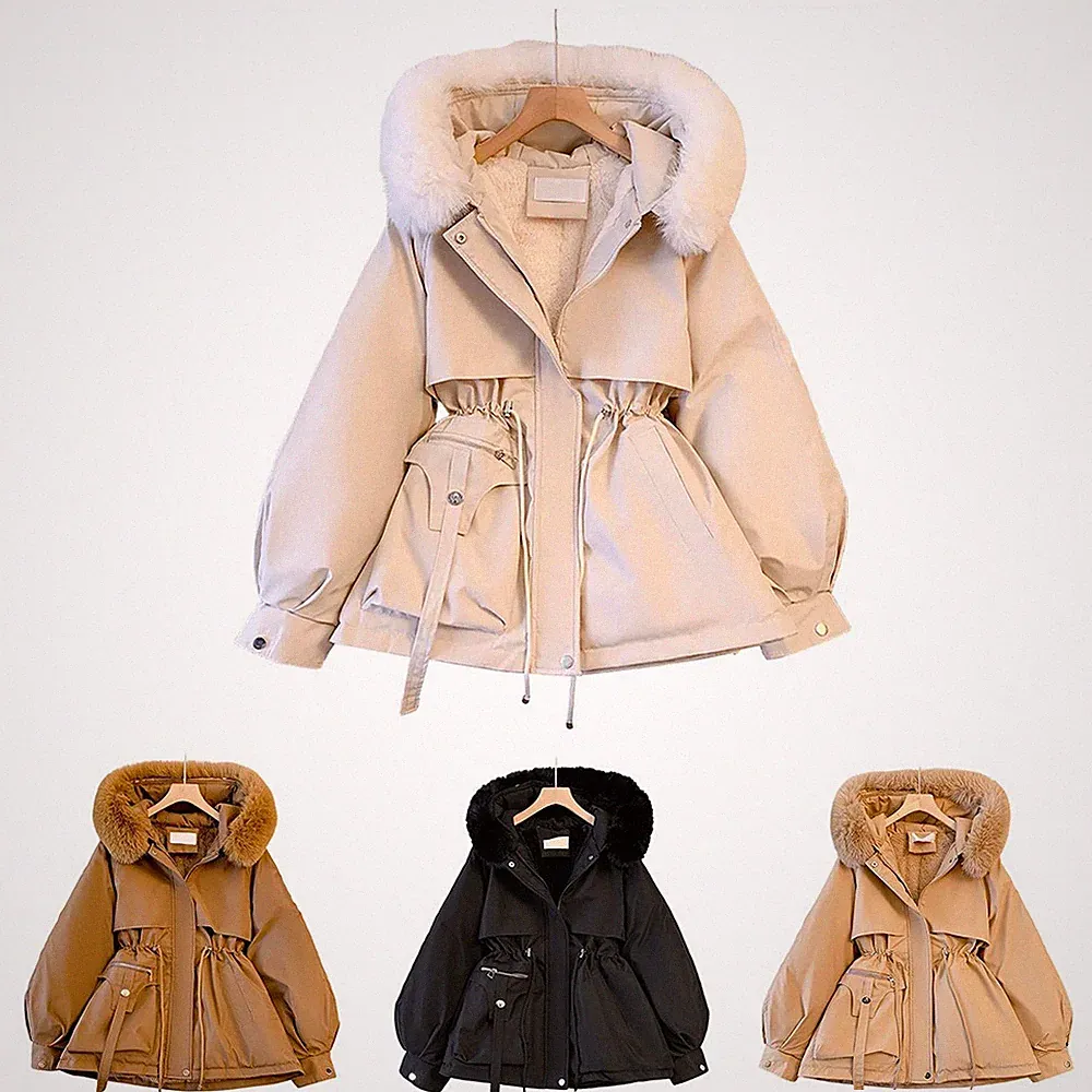 Damen Fleece Gefüttert Daunen Baumwolle Kapuze Parka Mantel Winter Warm Jacke f
