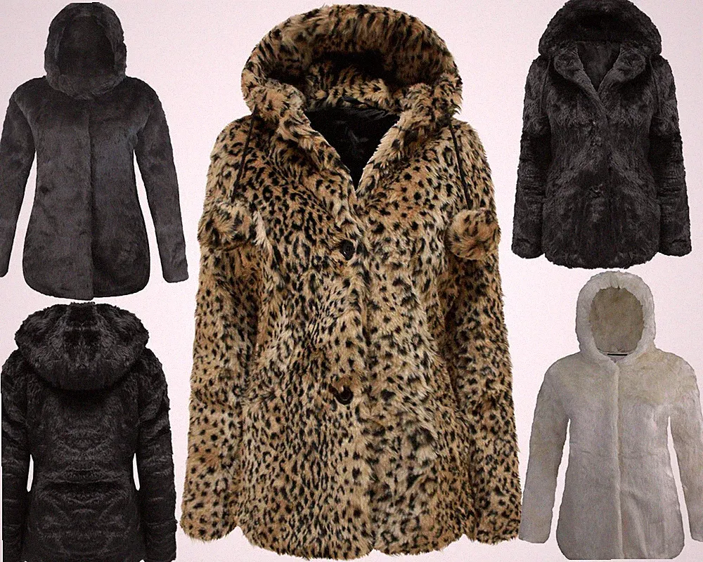 Damen Frauen schwarz Kunstfell Bommel Kapuze Tier Jacke Winter Mantel Top 8-16