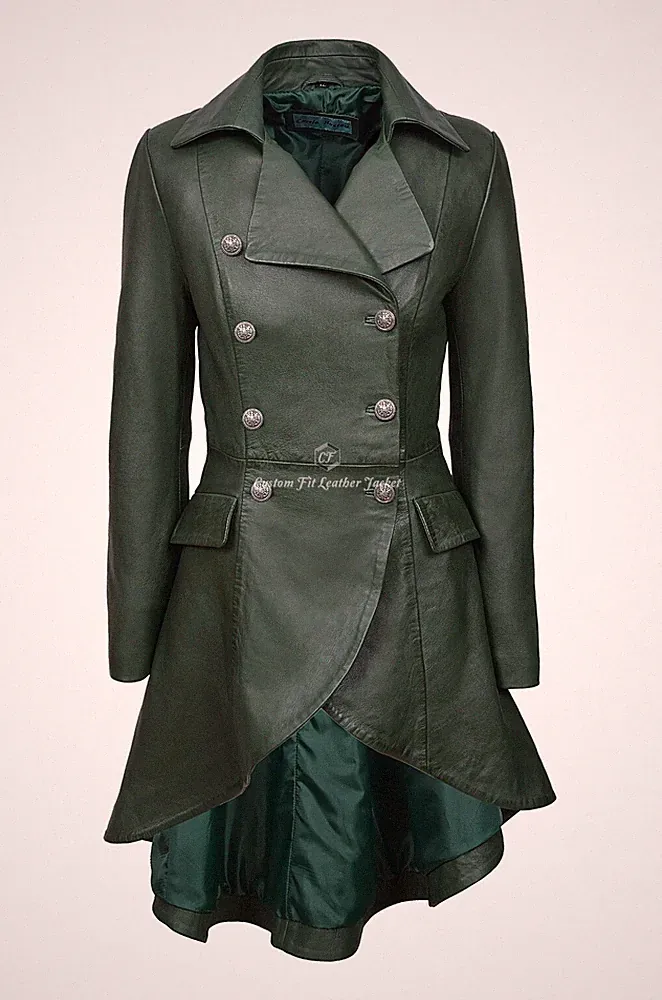 Damen Lederjacke grün 100% Lammleder hinten geschnürt Victorian Gothic Mantel 3492