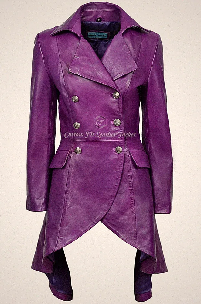 Damen Lederjacke Lila 100% Lammleder Rücken Schnürung Victorian Gothic Mantel 3492