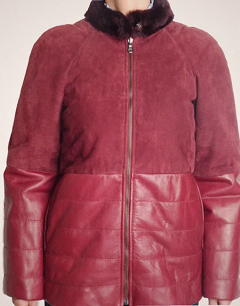 Damen Lederjacke Wildleder Wendejacke Daunen Fellkragen Made in Italy