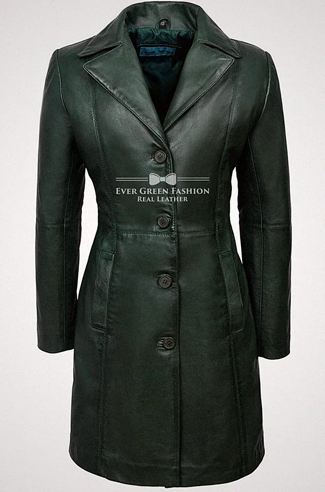 Damen Ledermantel grün weiches Echtleder klassisch Slim Fit Trenchcoat 3457