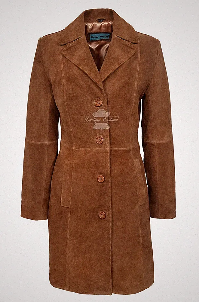 Damen Ledermantel hellbraun weich klassisch Wildleder Leder Slim Fit Trenchcoat 3457