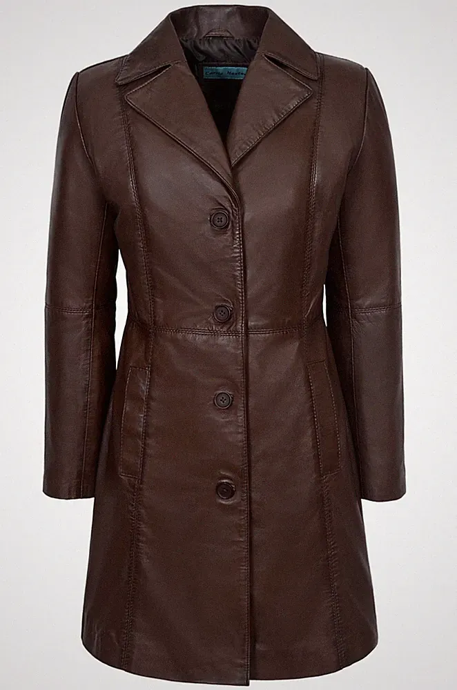 Damen Ledermantel Hüftlang Trenchcoat Smart Slim Fit Echtleder Mantel