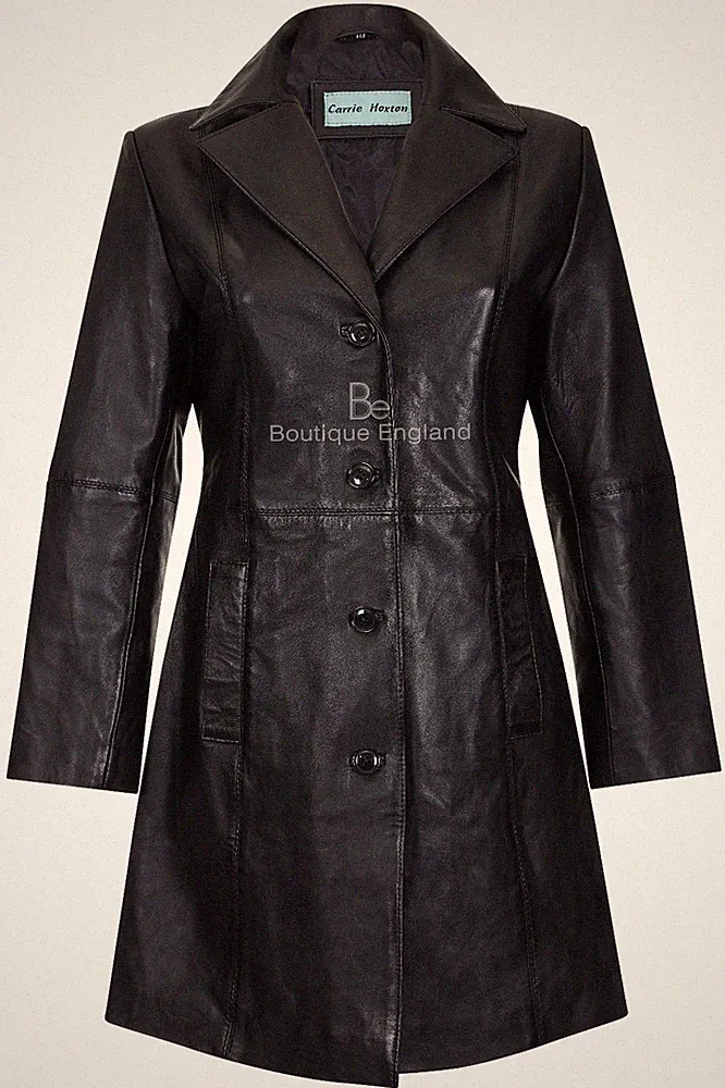 Damen Ledermantel Schwarz Weich Echtleder Klassisch Slim Fit Trenchcoat 3457