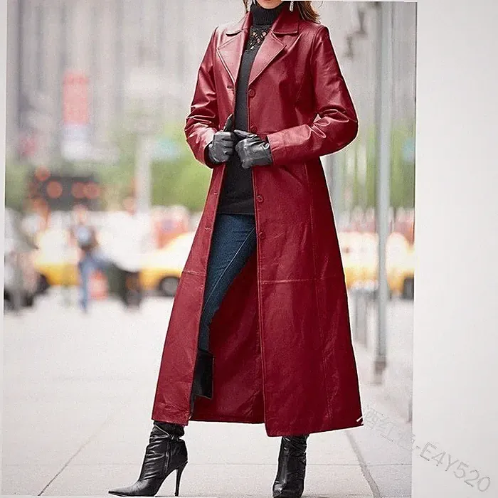 Damen Mantel Knopf Ledermantel Verlängerter Mantel Slim Fit Leder Windbreaker