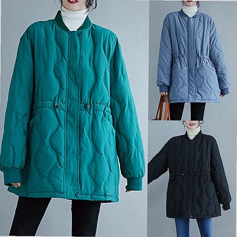 Damen Mittellang Puffer Jacke Gefütterte Gesteppt Reißverschluss Tasche Locker