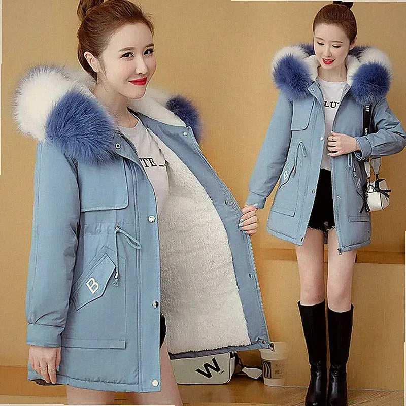 Damen Parka Kapuzenmantel Eleganter Daunenmantel Blau Lungo Warm 1215