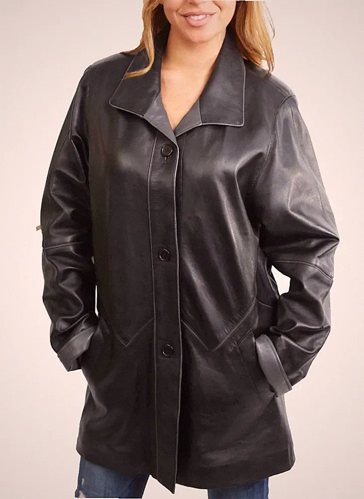 Damen Parka Ledermantel schwarz grau Besatz 3/4 lang klassisch Comfort Fit Jacke
