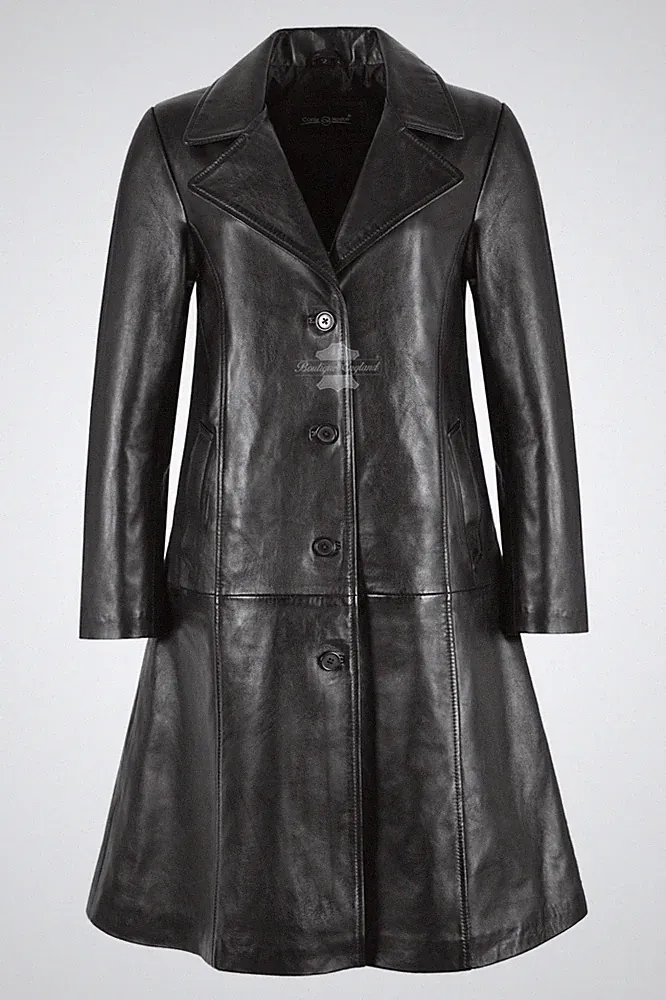 Damen Schwarz Echtleder Trenchcoat Jacke Knopfleiste Lang Klassischer Stil Mantel