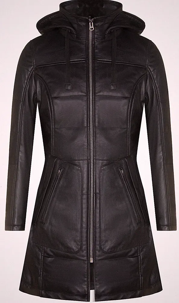Damen Schwarz Leder Daunenparka Steppjacke Mit Abnehmbarem Kapuze Mantel