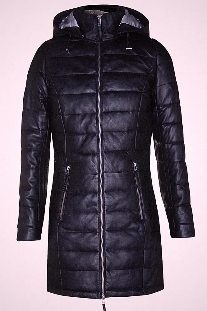 Damen Schwarze Leder Stepp Daunenjacke Parka Mantel Mit Kapuze