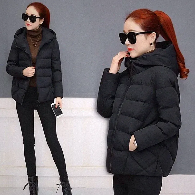 Damen Stepp Daunenjacke Kapuze Gepolstert Kurzer Mantel Winter Schwarz 1x