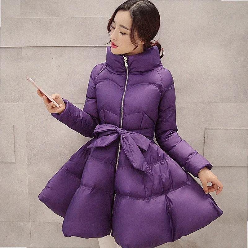 Damen Steppjacke Daunenoptik mit Gürtel A-Linie Lila Winter Mantel