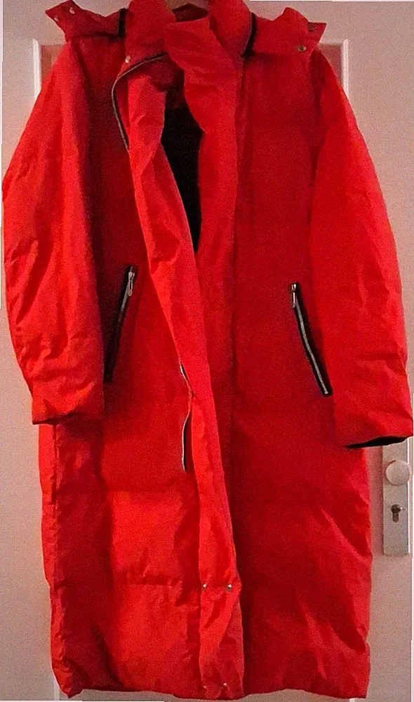 Damen Steppmantel/Daunenjacke Rot lang Gr. XL mit Kapuze Reißverschluss Taschen