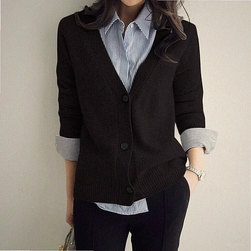 Damen Strick Cardigan Knopf Pullover Pulli Mantel Strick V-Ausschnitt locker schwarz