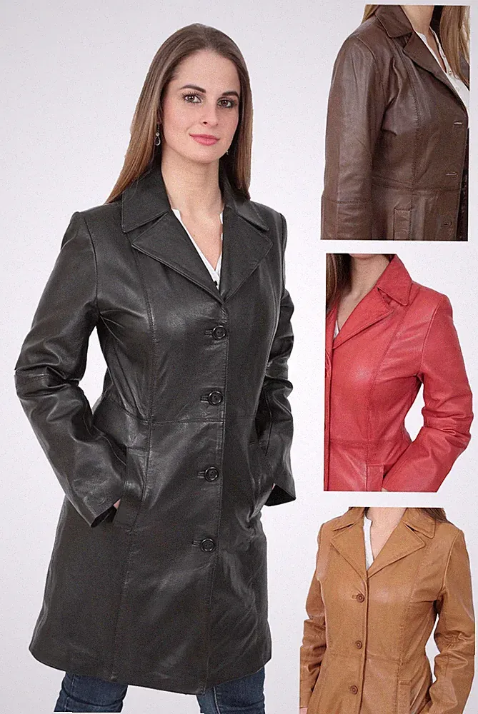 Damen Trench 3/4 Länge Echt Leder Mantel Parka tailliert Jacke verschiedene Farben