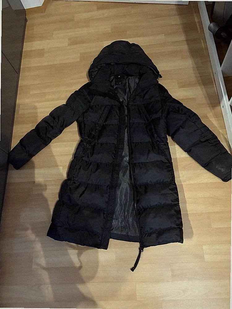 Damen Winter Steppmantel S schwarz lang mit Kapuze Reißverschluss Nylon