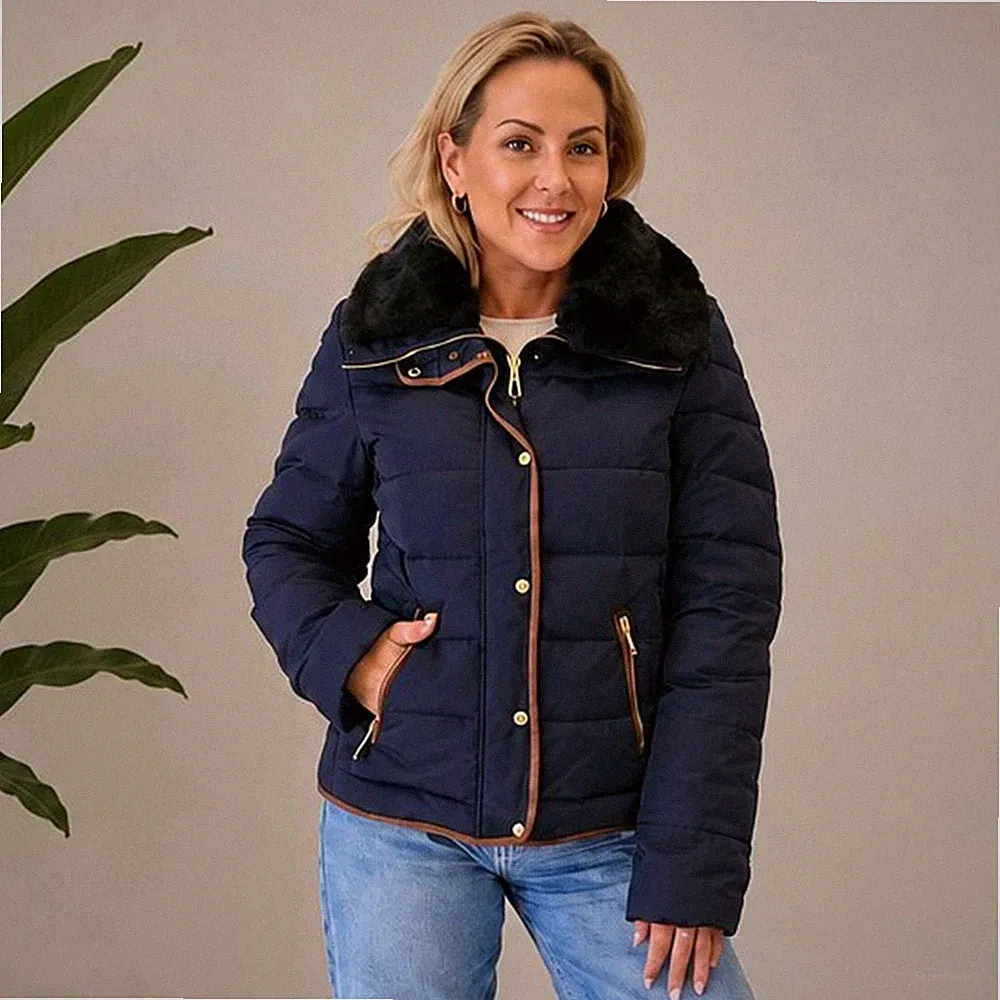 Damen Winterjacke Blau Daunenjacke Steppjacke Mantel Fellkragen Tailliert 36-38
