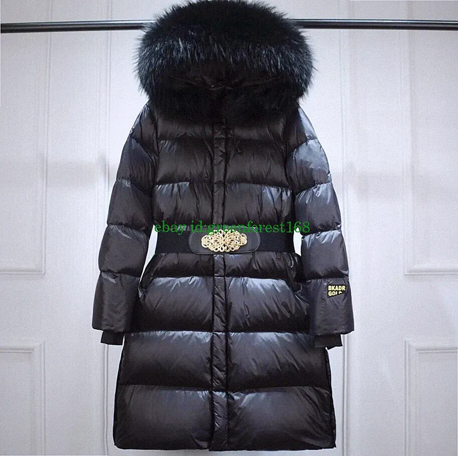 Damen Winterjacke daunenjacke 100% Echtpelzkragen Lang Mantel Parka mit Gürtel