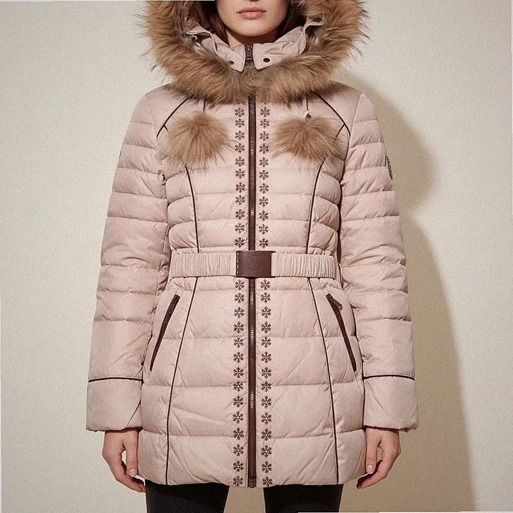 Damen Winterjacke Daunenjacke Daunenmantel Warm Pelz Kapuze Beige Gr. M=S
