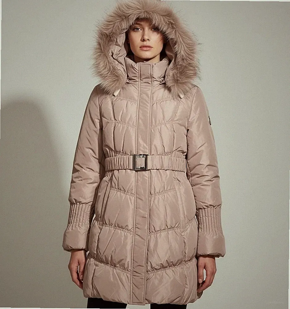 Damen Winterjacke Daunenjacke Daunenmantel Warm Pelz Kapuze Beige Gr. XXL=XL