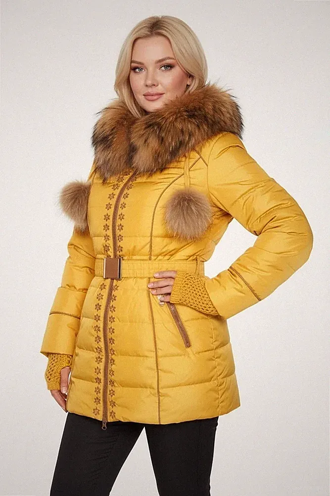 Damen Winterjacke Daunenjacke Daunenmantel Warm Pelz Kapuze Gelb Gr. M=S