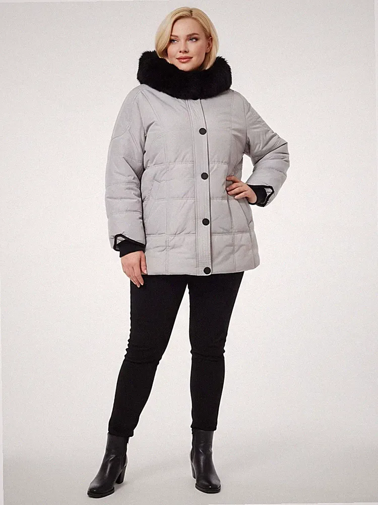 Damen Winterjacke Daunenjacke Daunenmantel Warm Pelz Kapuze Silber Gr. 5XL =4XL