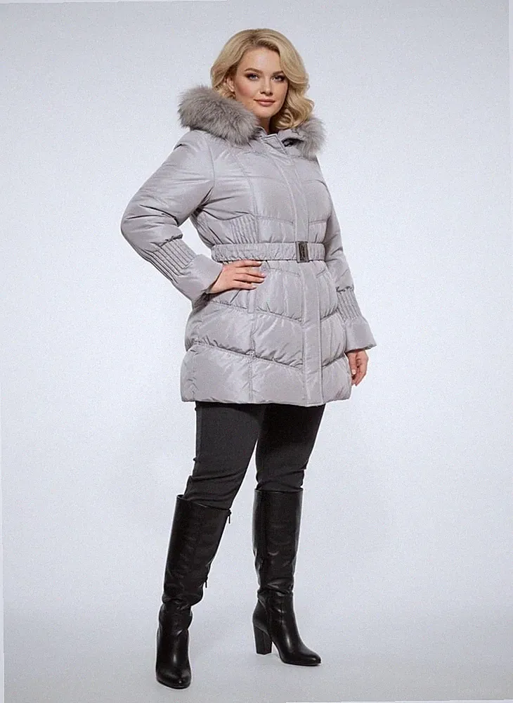 Damen Winterjacke Daunenjacke Daunenmantel Warm Pelz Kapuze Silbergrau Gr. L=M