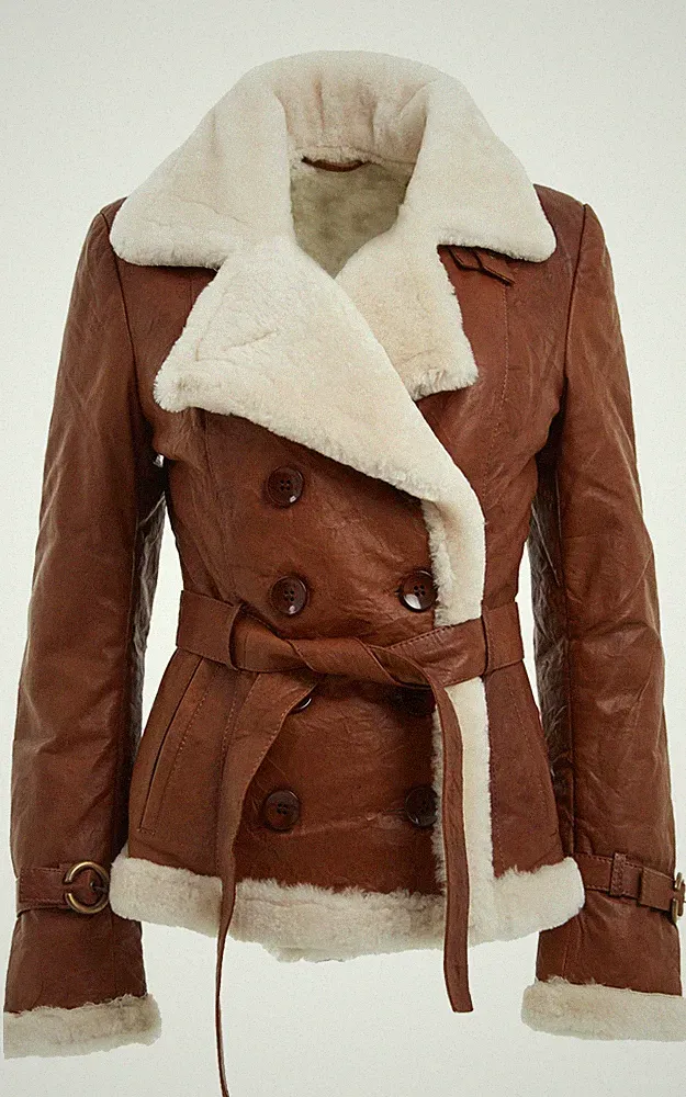 Damen Zweireiher Echt Lammfell Schaffell Flieger hellbraun Lederjacke