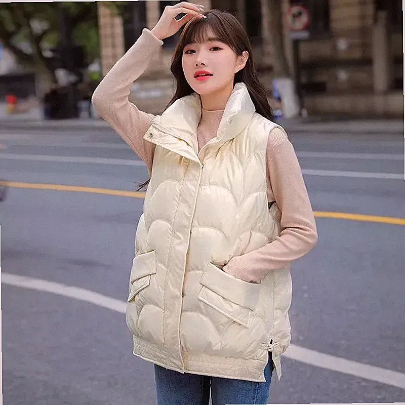 Damenjacke Mantel Weste Daunenjacke Synthetisch Beige Creme Taschen Schlank