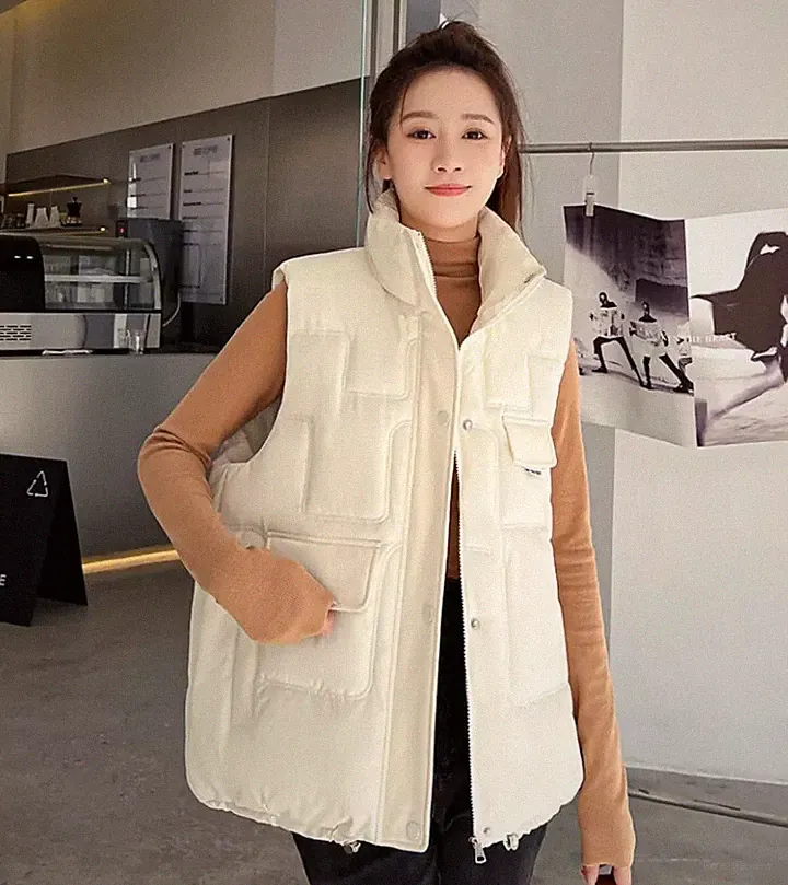 Damenjacke Mantel Weste Daunenjacke Synthetisch Beige Lang Taschen Schlank 40556