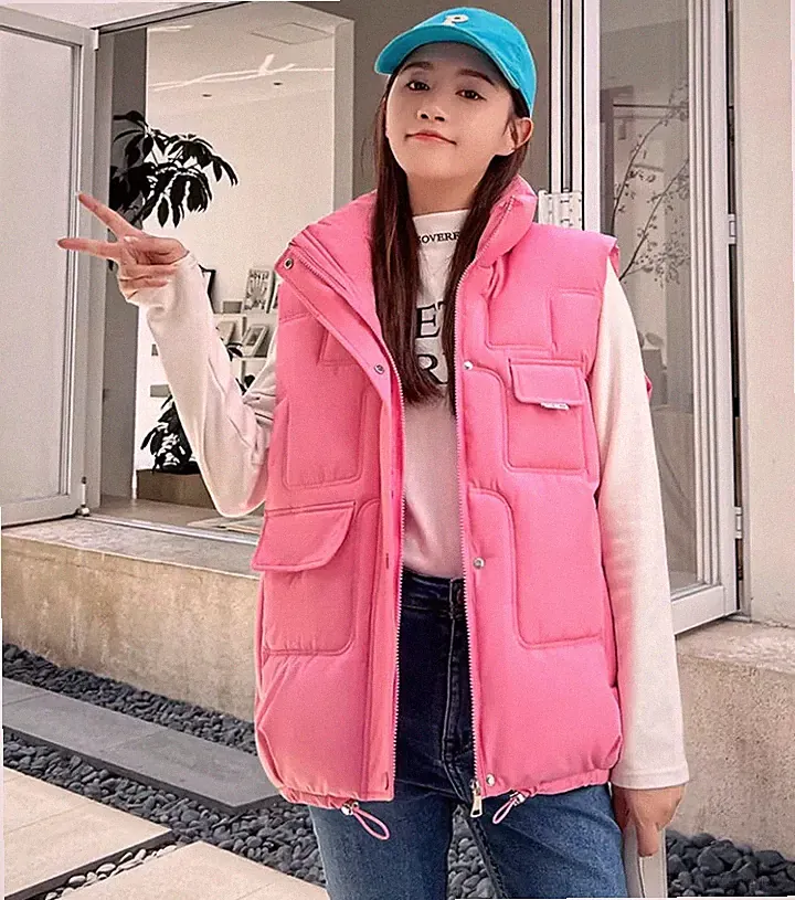 Damenjacke Mantel Weste Daunenjacke Synthetisch Rosa Lang Taschen Schlank 40556