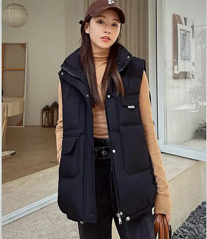 Damenjacke Mantel Weste Daunenjacke Synthetisch Schwarz Lang Taschen Schlank