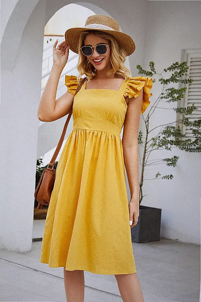 Damenkleid Sommer Weich Kurz Boho Böhmische Gelb 5179