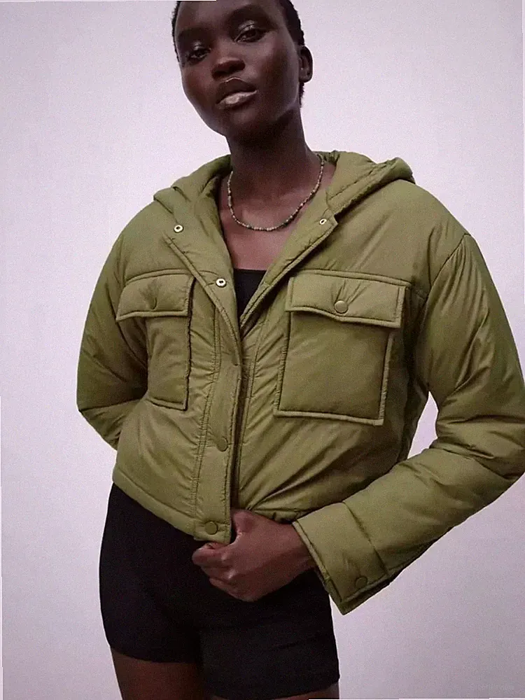 Daunen Bomber Mantel Damen Kurze Jacke Grün Gepolstert P002