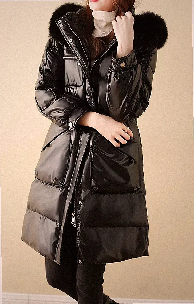 Daunen Parka Jacke Damen Synthetik Over Schwarz Langer Gürtel Kapuze 42484