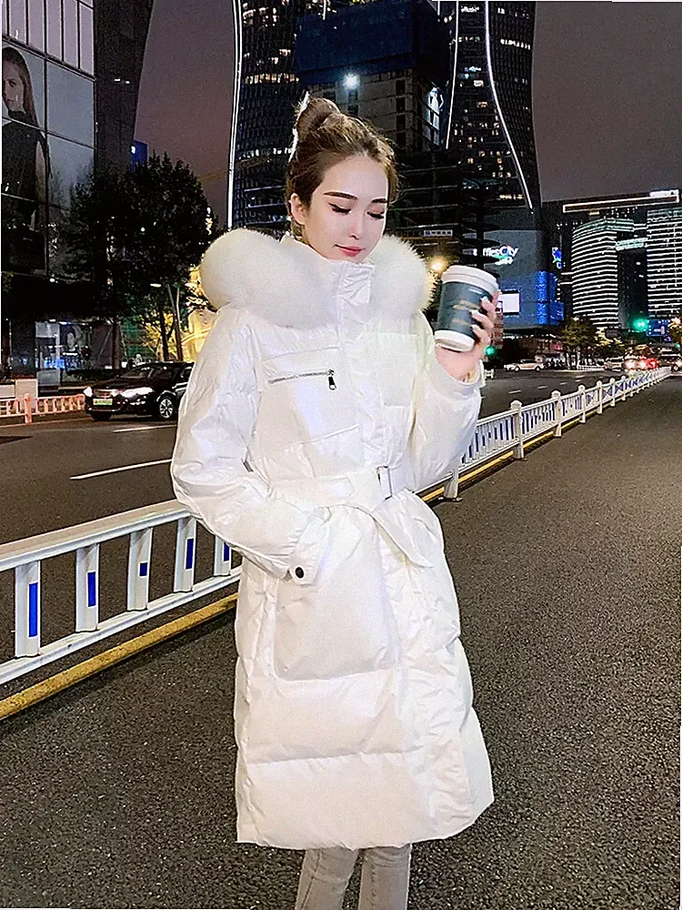 Daunen Parka Jacke Damen Synthetik Over Weiß Langer Gürtel Kapuze 42484