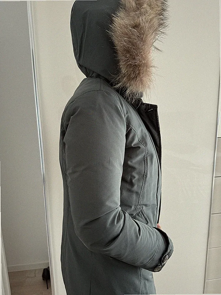 Daunen-Parka, Winterjacke, Kurzmantel abnehmbarer Fellbesatz, khaki