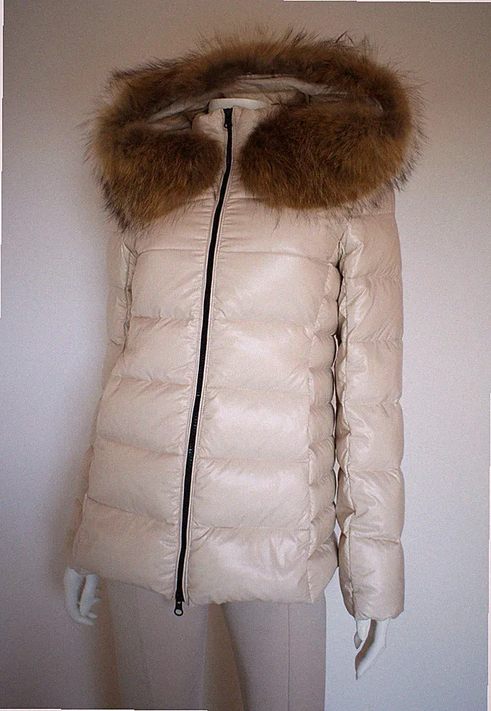 DAUNEN WINTER JACKE MANTEL echter PELZ NEU ROT BLAU WEISS Gr. 36 38 40 42 S M L