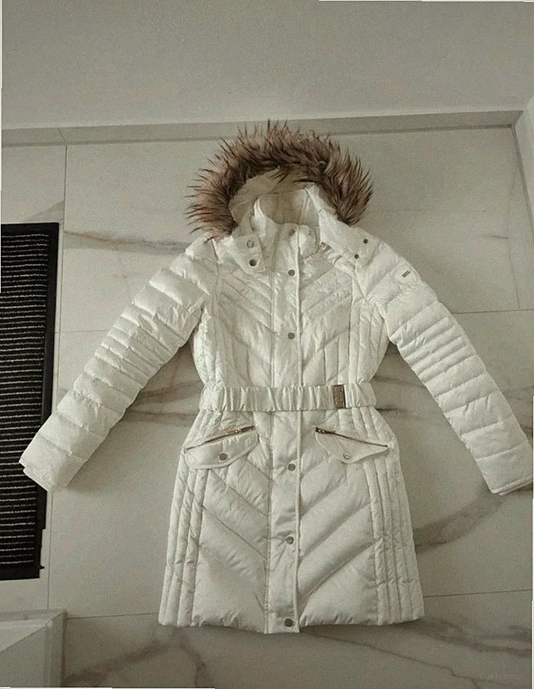 Daunen Wintermantel Daunenmantel weiß Satin Glanz gold 38