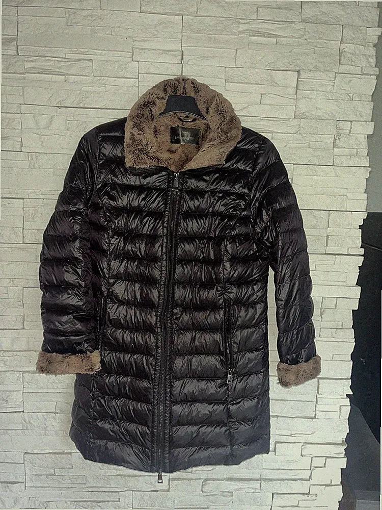 Daunenjacke Barbara Lebek Gr. 40 Schwarz Gefüttert Fell Kurzmantel