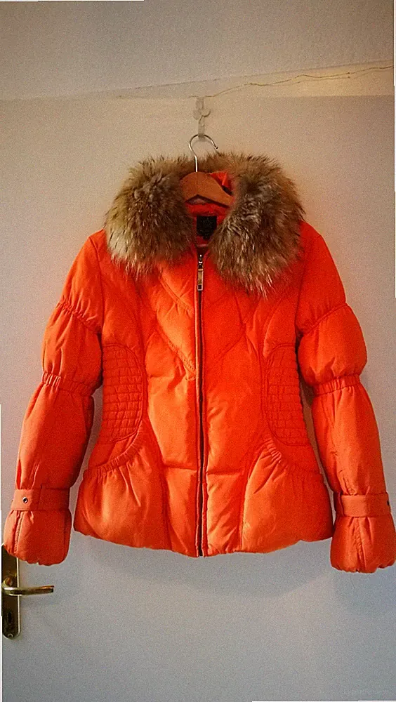 Daunenjacke Jacke Echtfell Kapuze Größe M/L orange Winterjacke Mantel Skijacke