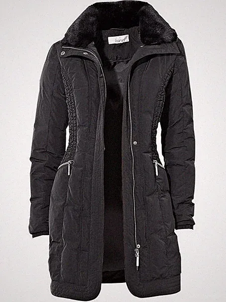 DAUNENJACKE MANTEL MIT WEBPELZKRAGEN SCHWARZ 36 38 LINEA TESINI STEPPJACKE