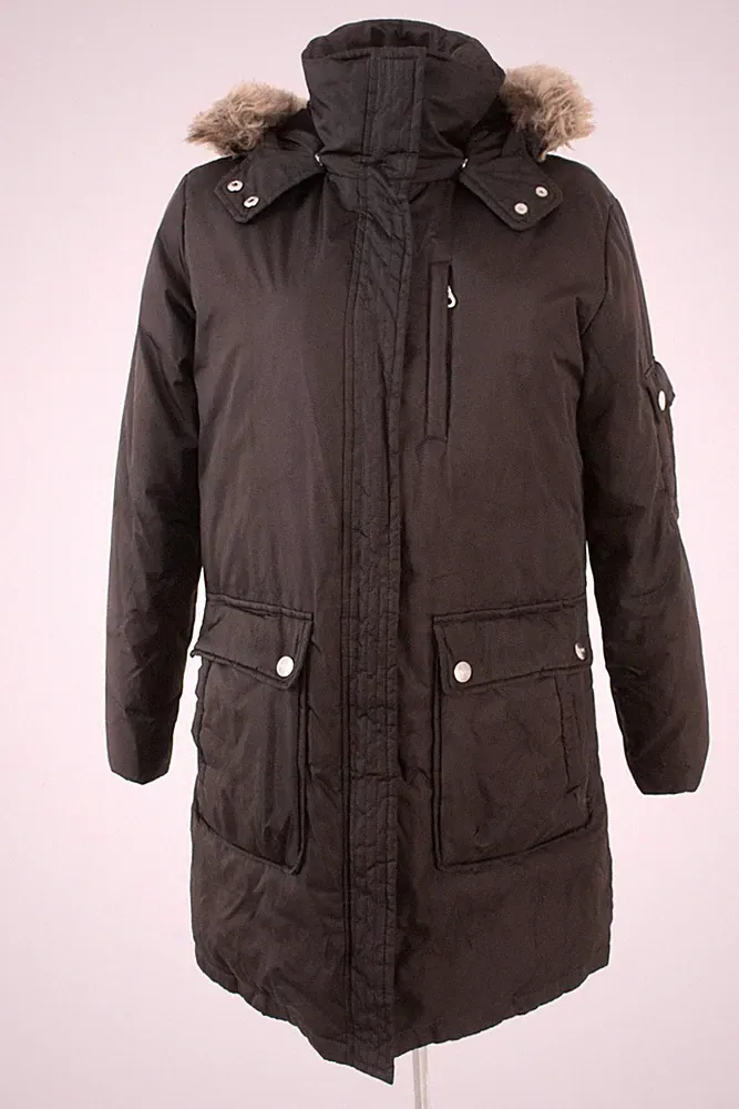 DKNY Damen Daunen - Mantel Wintermantel Jacke Gr. M Braun Kapuze Kunstfell