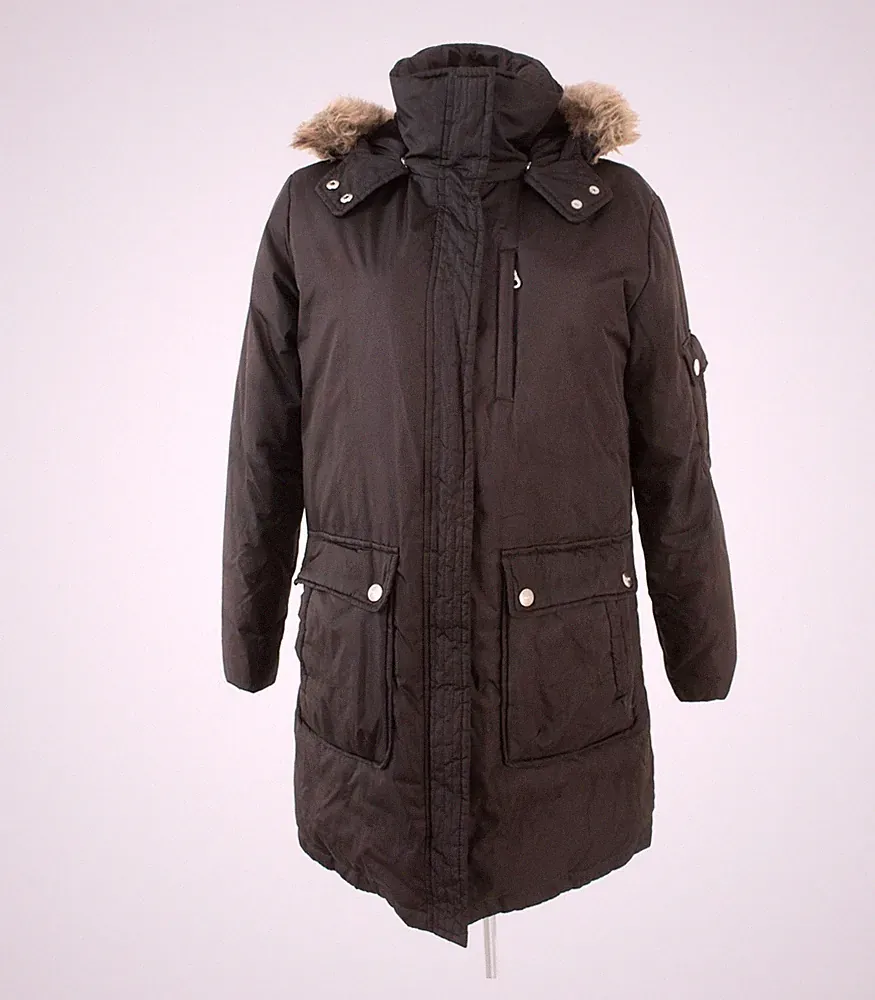 DKNY Damen Mantel Gr. M - Wintermantel Jacke Kapuze Kunstfell Braun Daunen