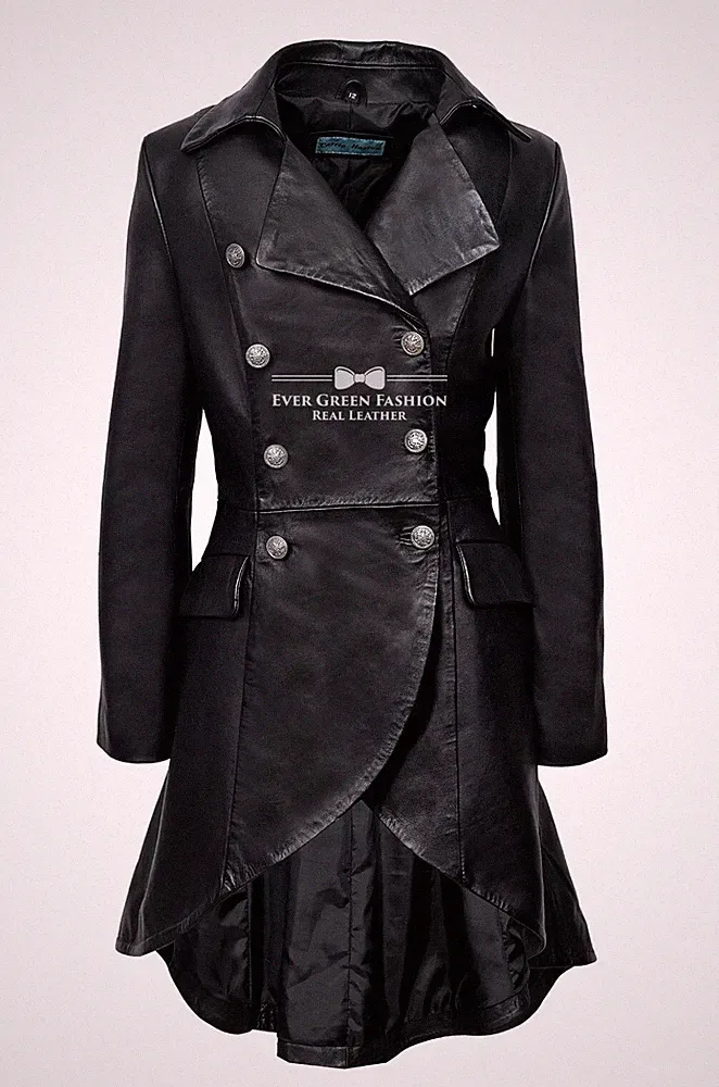 EDWARDIAN Damen Gothic Mantel Rücken geschnürt schwarz Mode Echtleder Mantel 3492