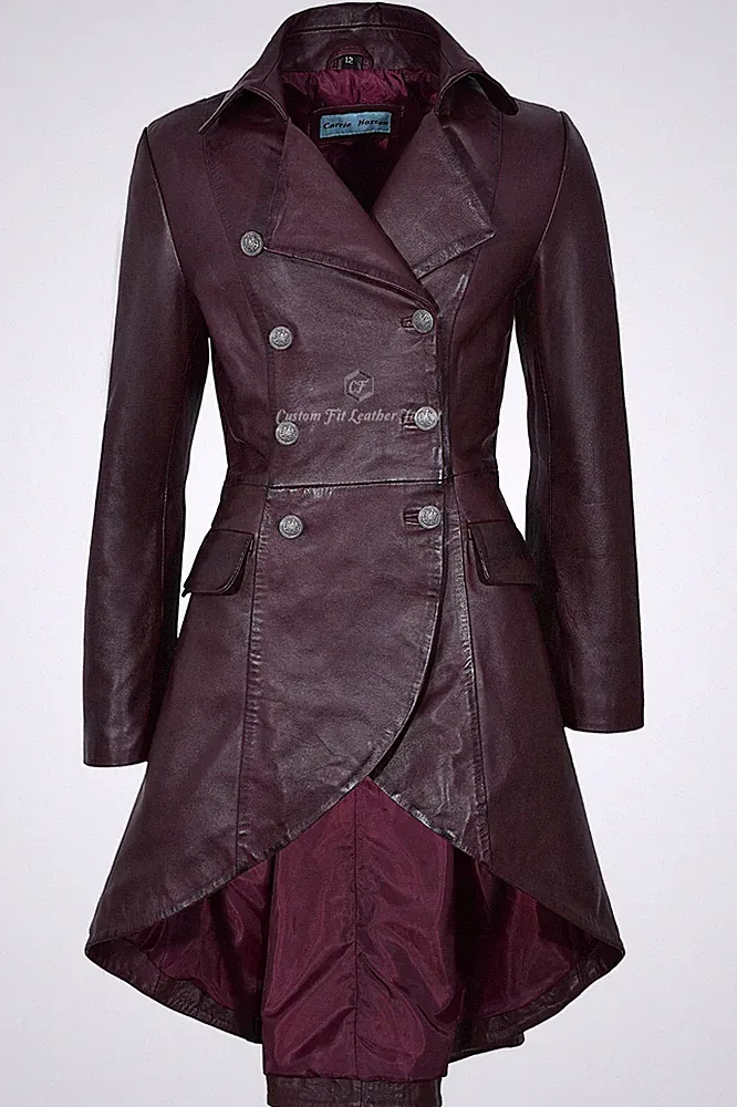 EDWARDIAN Damen Ledermantel Cherry Napa Long Back Victorian Gothic Coat 3491-P